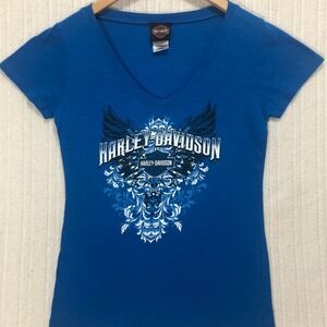 Harley-Davidson Graphic Tee V-Neck Biker T Shirt Six Bends Blue Medium‎